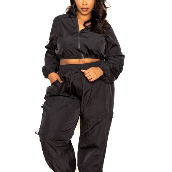 Women's Black Plus Size Hooded Active Cord Zip Up Set